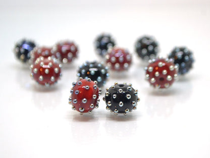 Red black handmade glass beads with silver dots, Artisan lampwork, Beads for bracelet, beads pimples