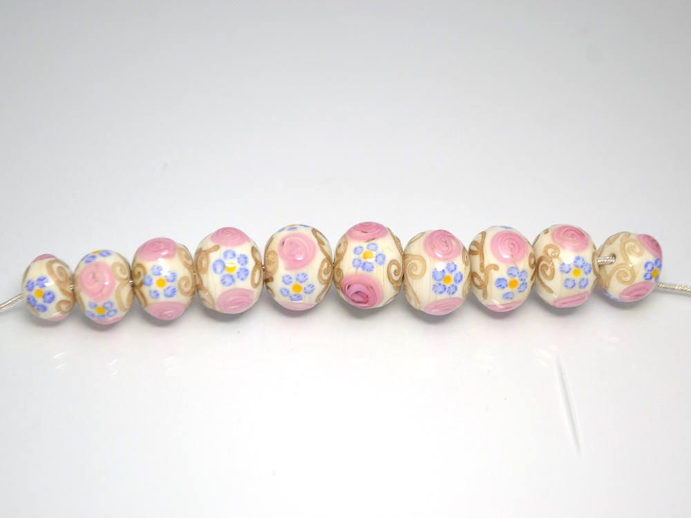 murano glass ivory lampwork ethnic beads jewelry making venetian italian handmade bead beige pink blue artisan lampwork round gold curles