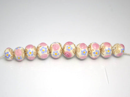 murano glass ivory lampwork ethnic beads jewelry making venetian italian handmade bead beige pink blue artisan lampwork round gold curles