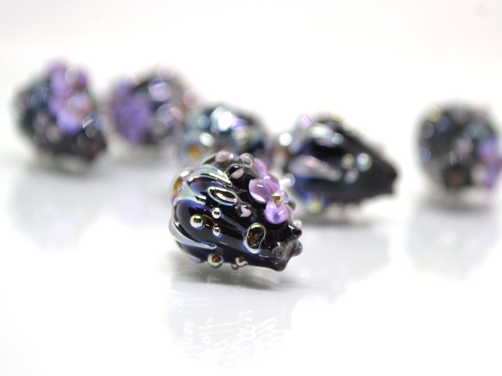 Purple black flower bouquet lampwork beads, Lampwork earrings DIY, SRA lampwork, Artisan lampwork, Designer beads, 17-21mm glass beads