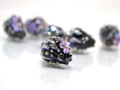 Purple black flower bouquet lampwork beads, Lampwork earrings DIY, SRA lampwork, Artisan lampwork, Designer beads, 17-21mm glass beads