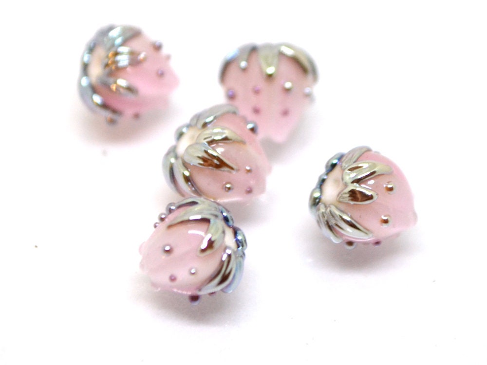 Pale pink floral beads with gold leaves, Tiny glass beads, Light pink 7mm flower beads, Artisan lampwork