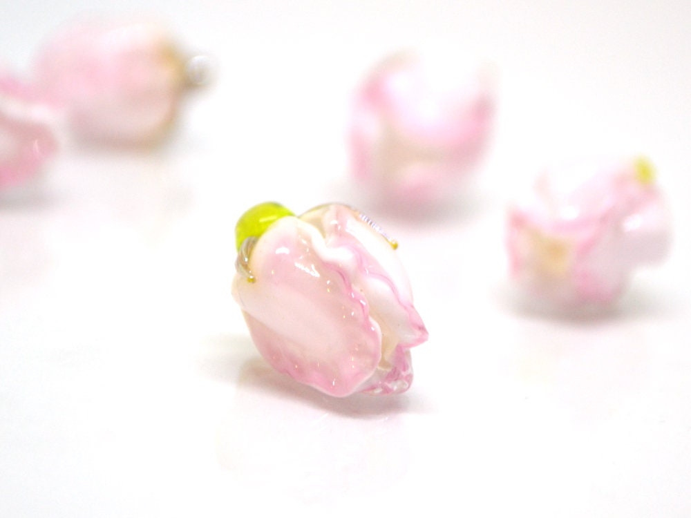 White pink flower lampwork bud beads, Handmade lampwork, Floral lampwork, Made to Order