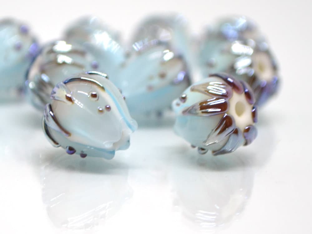 Pastel blue flower glass beads silver, 10mm glass beads, Pale blue lampwork flower bead, Floral lampwork, Handmade glass bead Something blue
