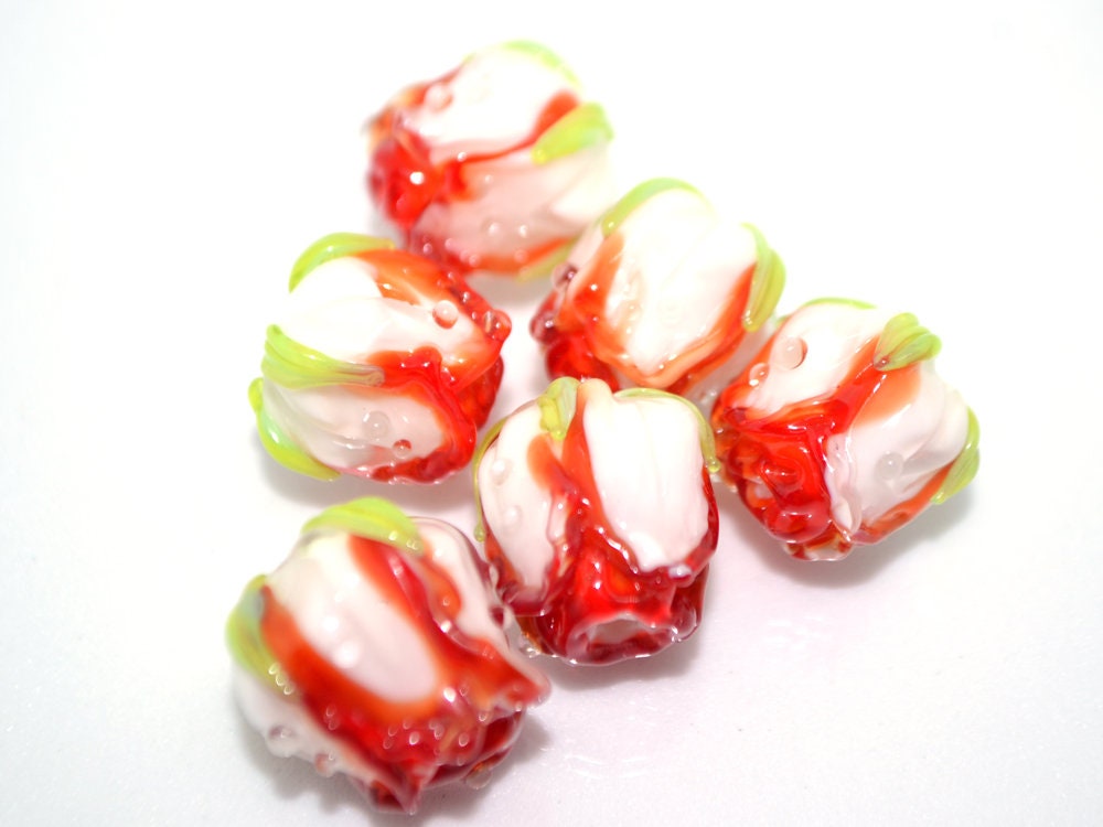 Red white rosebud beads, Red floral lampwork, Lampwork Earrings DIY, Glass rose beads, Spring lampwork, SRA beads, Lampwork pair