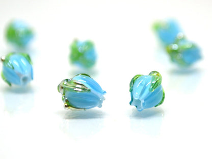 Aquamarine blue lampwork beads, Blue green flower beads, 9mm flower beads, Flower bud beads, Artisan lampwork