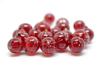 Lampwork Red currant beads, Gloss glass berries, Lampwork berry, Glass Redcurrant, Red berries white stripes, half-drilled beads