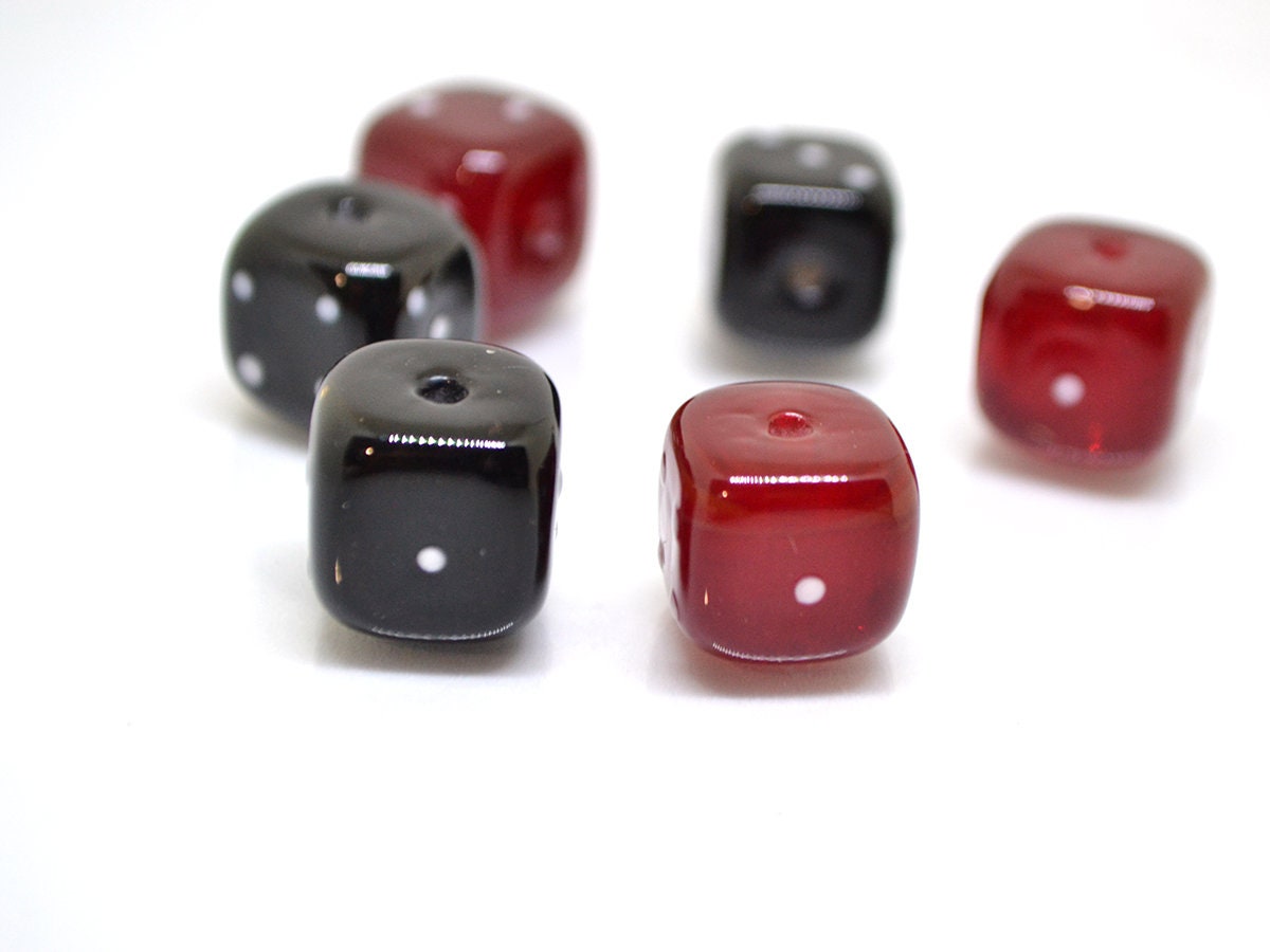 Black Red dice beads, Glass cube beads, Handmade lampwork beads, Casino lover, Funky dice glass beads, black dice, red dice