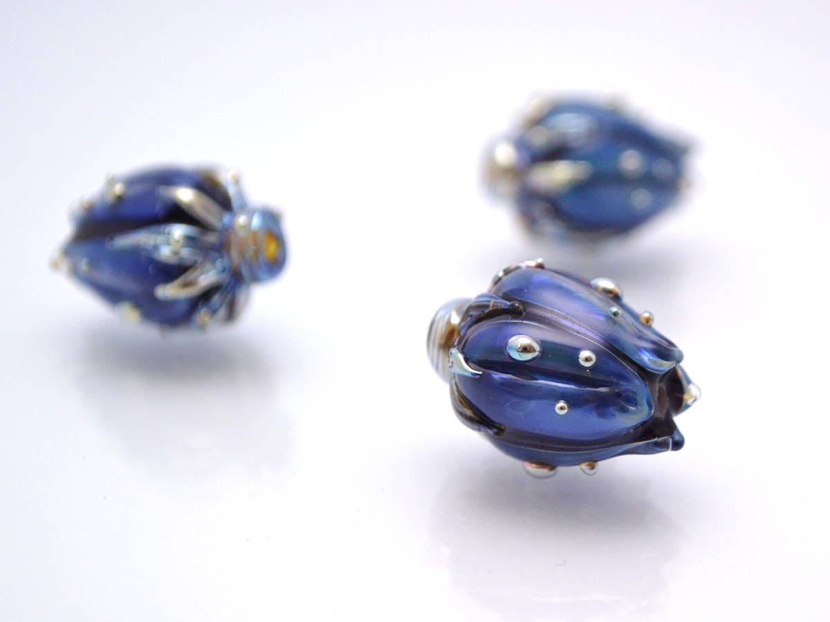 Floral Pendant Focal Flower beads Artisan lampwork Glass Beads Handmade flower Glass flower beads Space Lampwork Blue beads Bud beads