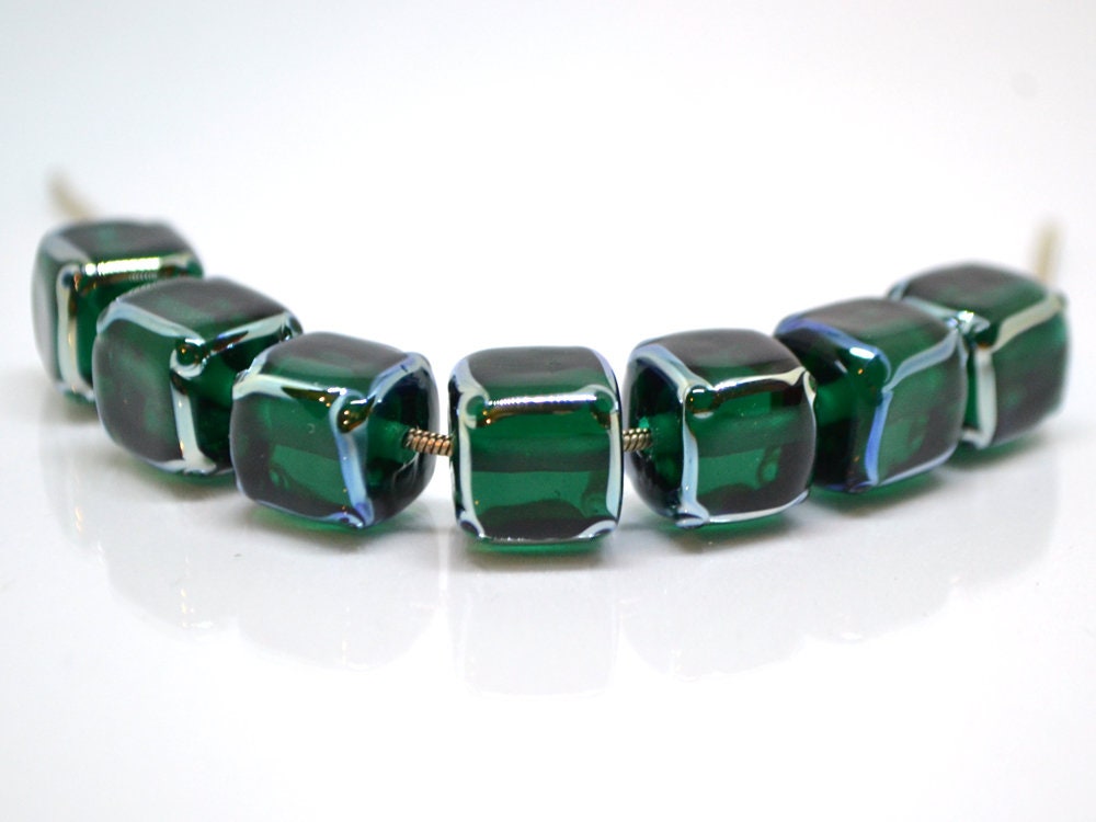 emerald glass beads handmade green cube beads lampwork cube bead geometric glass bead square lampwork bead art glass beads green silver bead