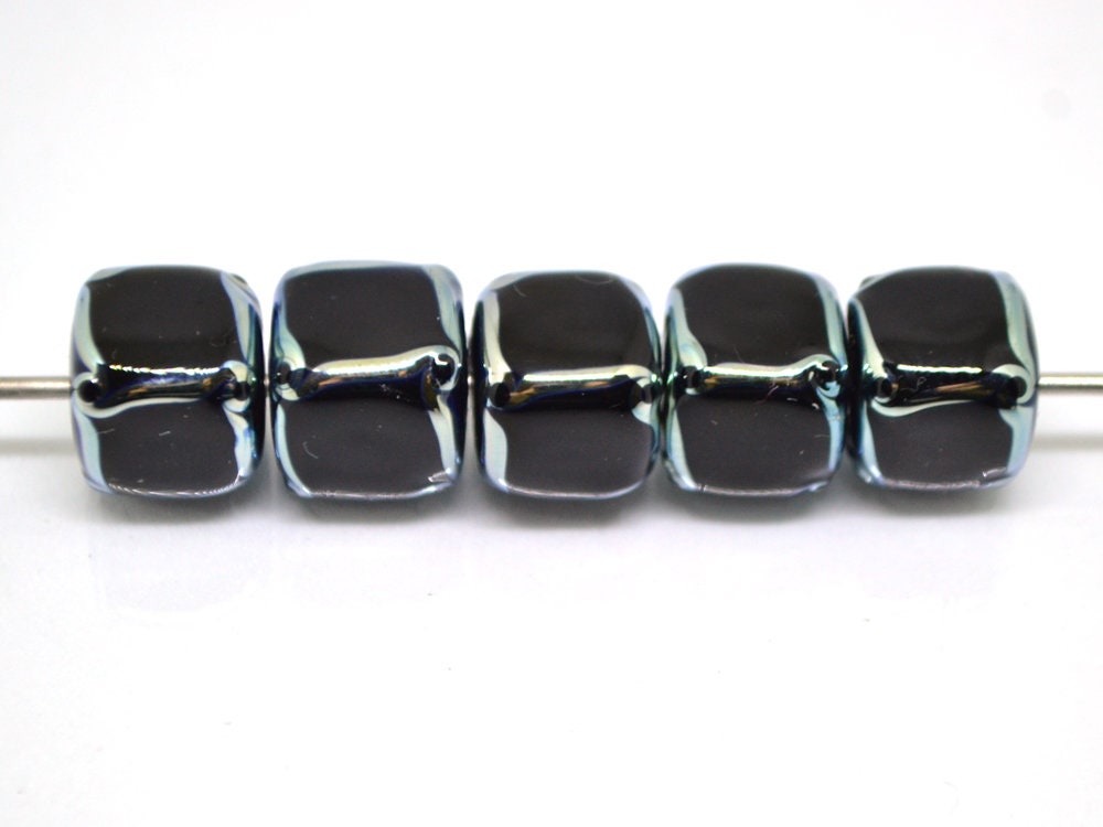 Black silver square beads, Black cube beads, Black spacer beads, Black lampwork beads, Artisan lampwork, 10mm cube beads, Geometric beads