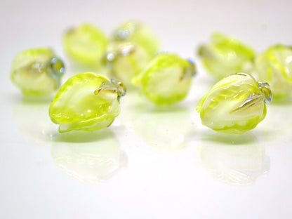 Light green glass beads, Lampwork floral beads, Salad green beads, White green glass beads, Beads for earrings, Artisan lampwork, bud beads
