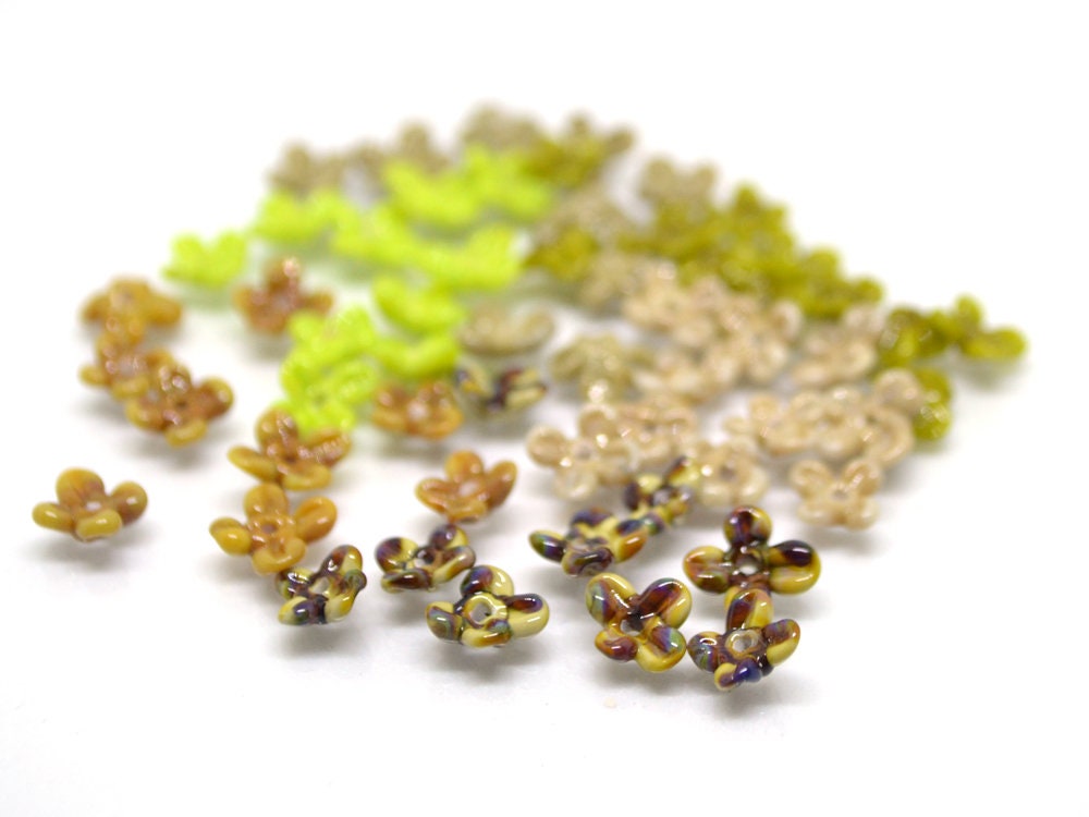 Tiny olive green flower beads, Very small flowers, Opaque glass flower, Green small flower beads, 5mm flowers, Artisan lampwork