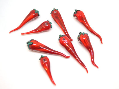 Red chili peppers, Glass chili beads, Horizontal center-drilled beads, Vegetable beads, Farm pendant, red green
