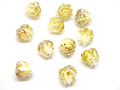 White flower beads with gold leaves, Tiny glass beads, 7mm flower beads, Small lampwork beads