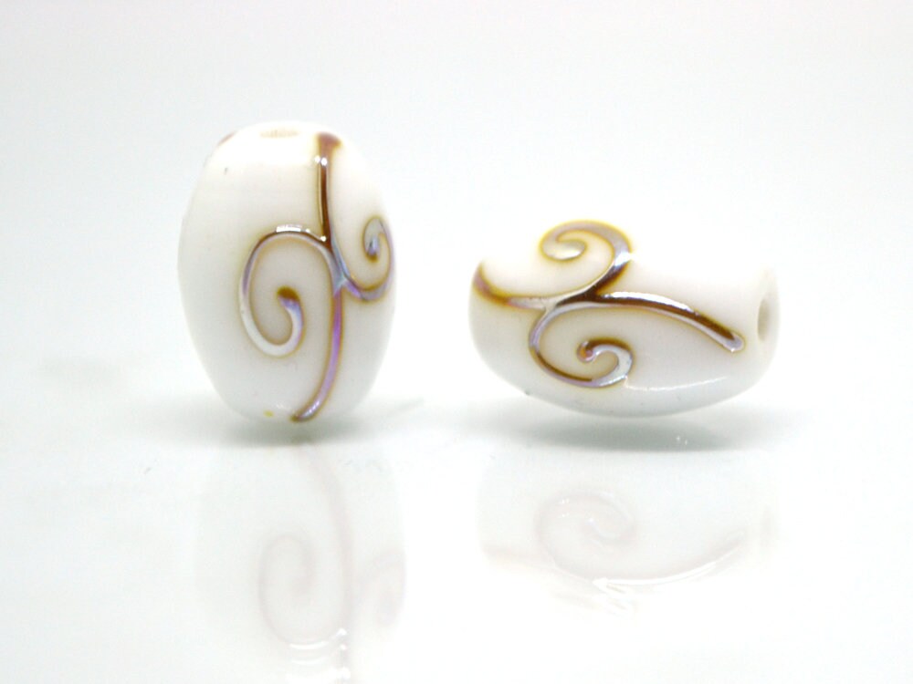 White opaque barrel glass beads gold curles, Oval lampwork beads, Handmade lampwork, Beads for wedding jewelry, Bead set, Beads crafts