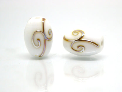 White opaque barrel glass beads gold curles, Oval lampwork beads, Handmade lampwork, Beads for wedding jewelry, Bead set, Beads crafts