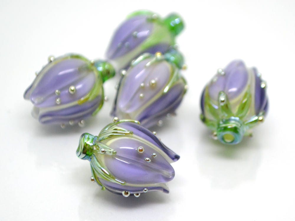 floral glass beads artisan lampwork bead pendant flower bud bead pastel beads light purle glass beads for earrings flower bead pendant glass