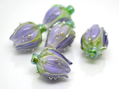 floral glass beads artisan lampwork bead pendant flower bud bead pastel beads light purle glass beads for earrings flower bead pendant glass