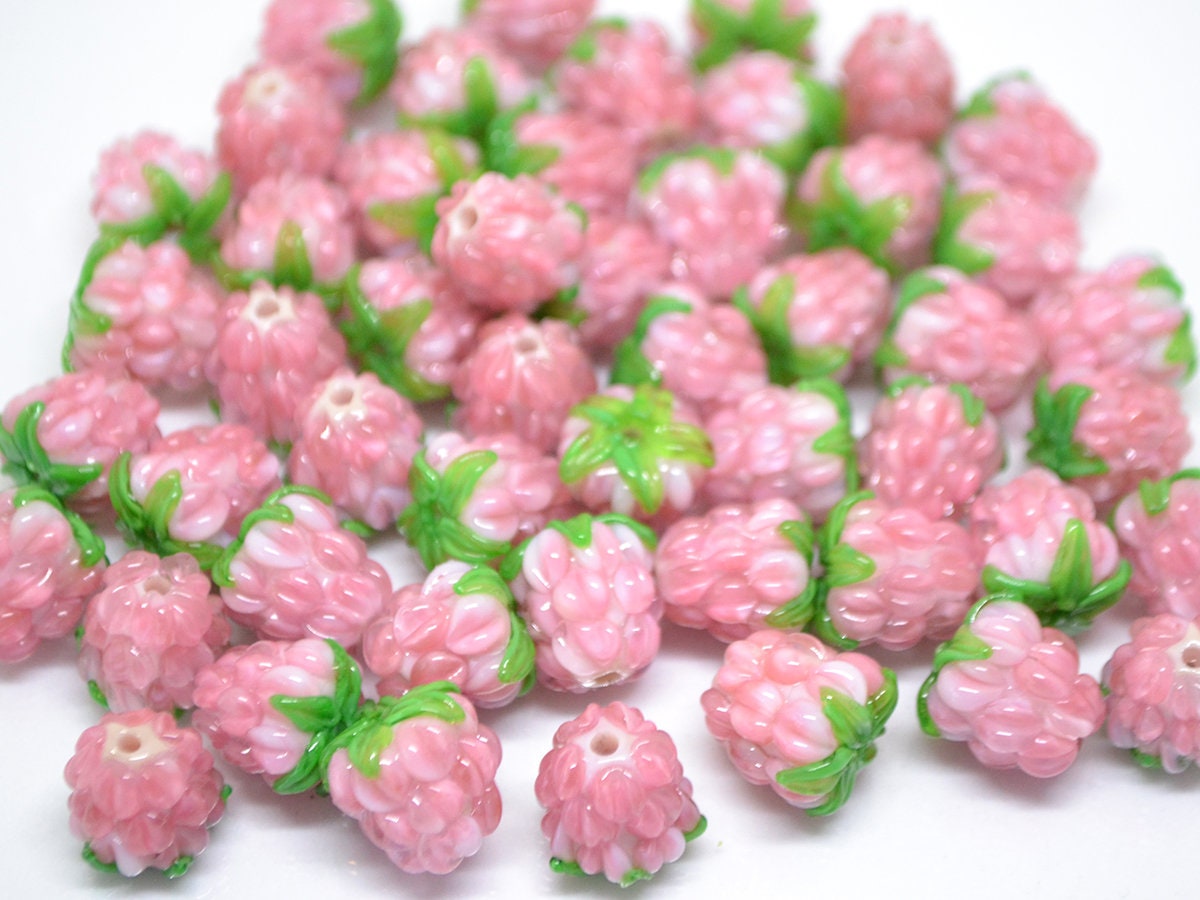 Tender pink lampwork raspberry, Glass berry beads, Lampwork raspberries, Glass fruit beads, Glass Raspberry, Lampwork berry beads