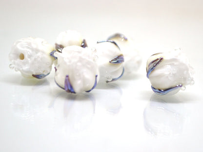 White silver rosebud beads, white floral lampwork, Glass rose beads, Lampwork pair, Flower bud beads, Floral jewelry making