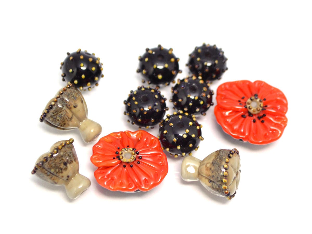 lampwork bead set Red flower glass bead  Floral Lampwork seed box bead artisan lampwork handmade red black bead jewelry making