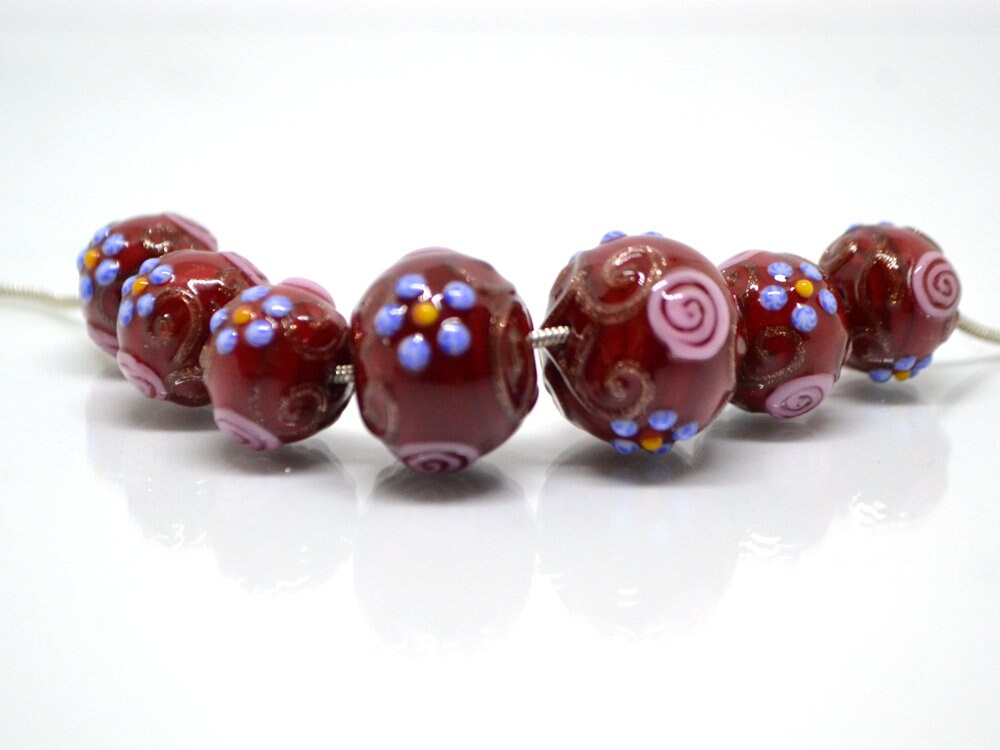 Murano glass red beads with blue pink flowers, Italian glass beads, Red glass beads, Venetian glass, Unusual beads, Bordeaux, vintage bead