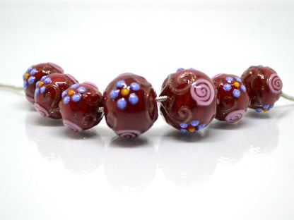 Murano glass red beads with blue pink flowers, Italian glass beads, Red glass beads, Venetian glass, Unusual beads, Bordeaux, vintage bead