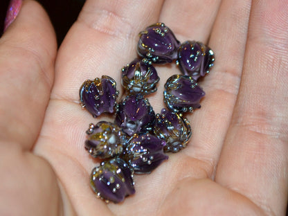 Dark Purple flower beads silver dots, 10mm glass beads, Artisan lampwork, Floral beads, Luxury beads, 3d flower bead, Handmade flower glass