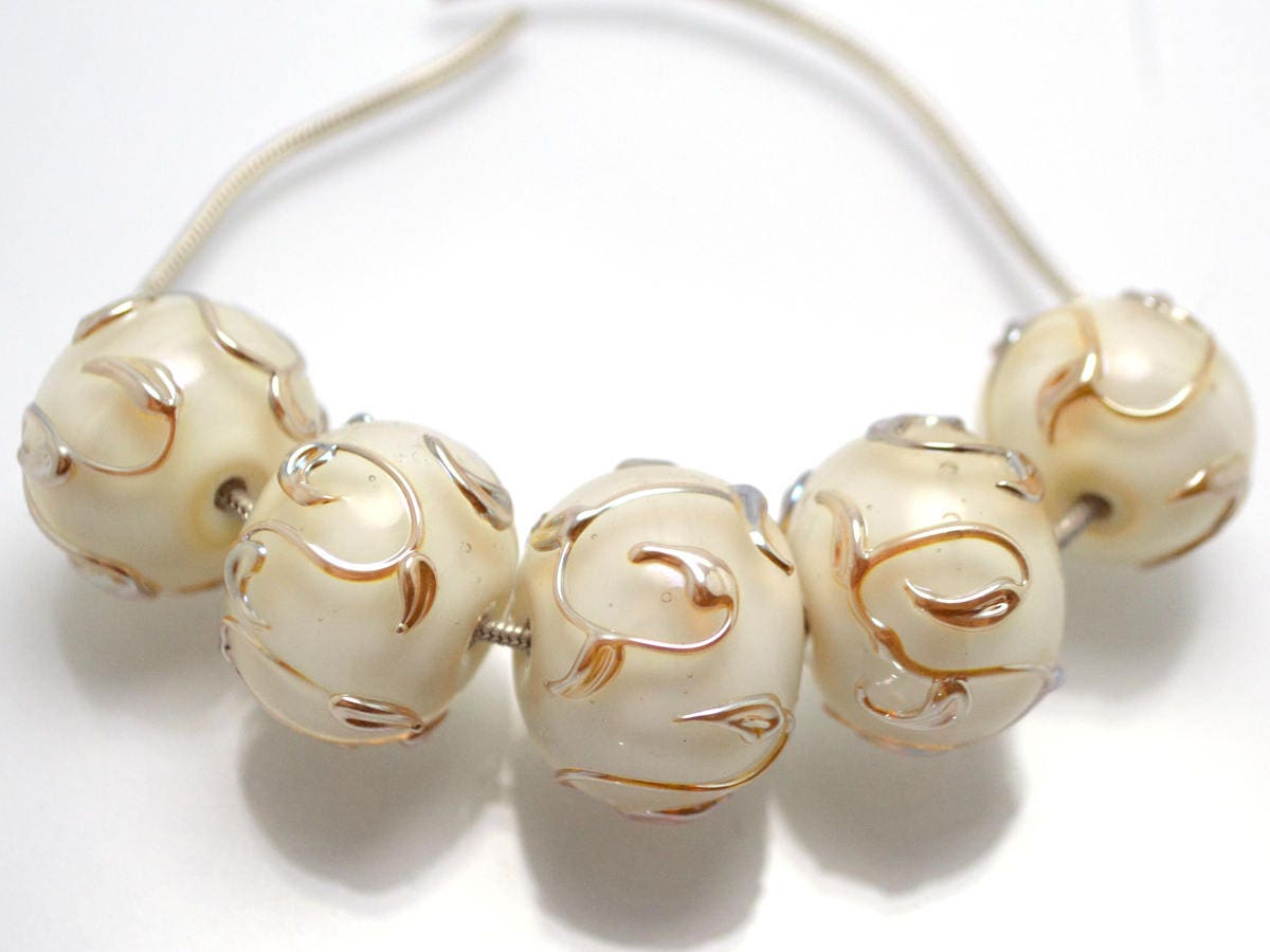 white pearl artisan lampwork bead handmade glass beads for wedding jewelry making set gold sprig twig leaf on white romantic tender earrings