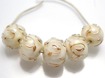 white pearl artisan lampwork bead handmade glass beads for wedding jewelry making set gold sprig twig leaf on white romantic tender earrings