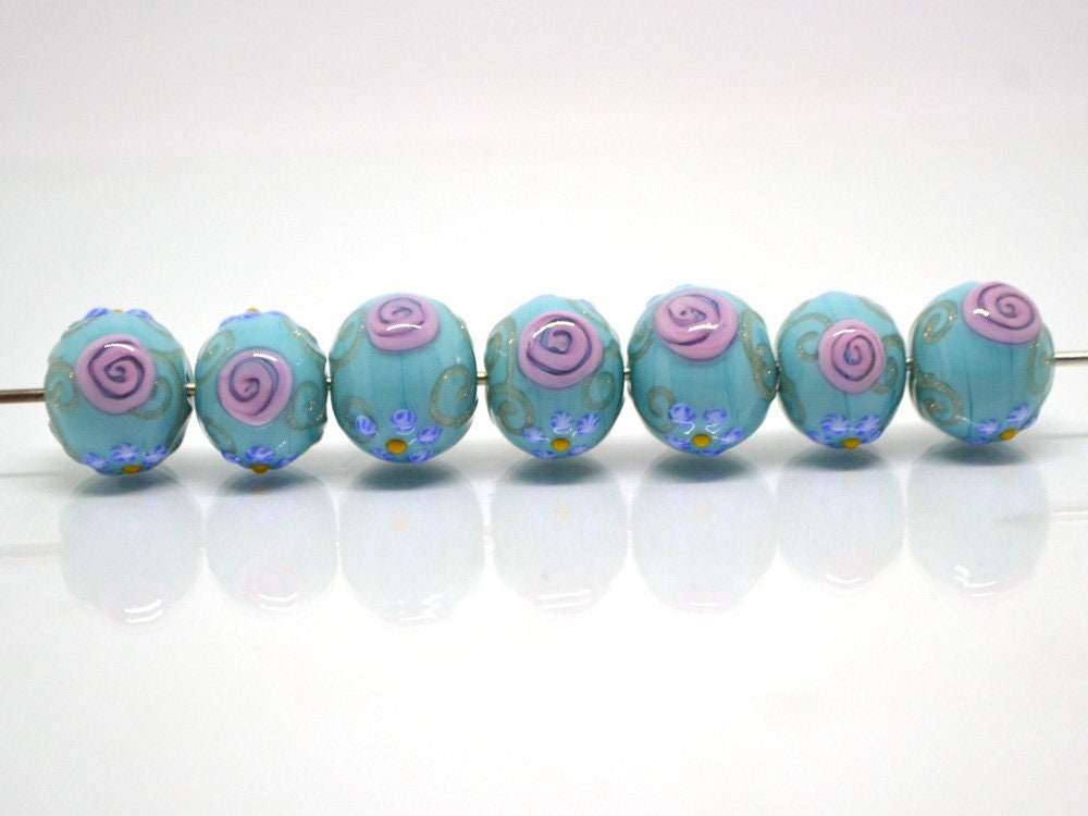 Sea Blue green Glass beads, Venetian Glass,  Vintage beads, Bohemian glass, Vintage jewelry, Beads for necklace, Artisan lampwork, flower