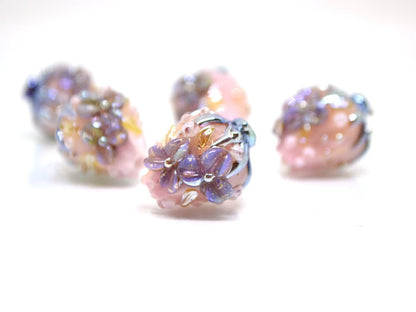 Pink lavender flower bouquet bud beads, Glass Flower beads, Floral lampwork, 3d Flower beads, Miniature glass flowers, Artisan lampwork bead