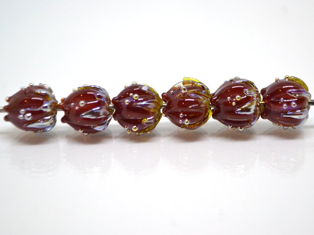 Flower lampwork bead, 10mm Dark red flower bud with silver, Artisan lampwork bead sets, Floral lampwork Bordeaux Garnet Glass beads Handmade