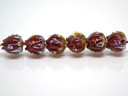 Flower lampwork bead, 10mm Dark red flower bud with silver, Artisan lampwork bead sets, Floral lampwork Bordeaux Garnet Glass beads Handmade