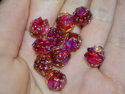 Fuchsia red gold flower beads, 10mm flower beads, Flower glass beads, Artisan Lampwork, Bright glass beads, Handmade glass art, Floral beads