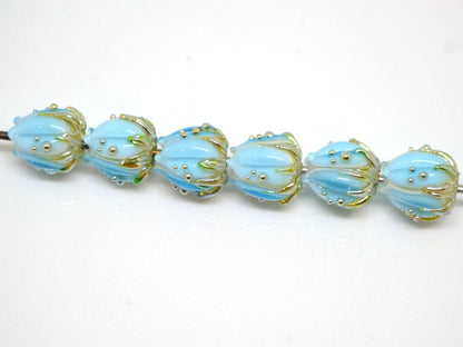 Lampwork glass flower beads 10mm, Light aquamarine flower buds with green gold leaves, Handmade lampwork, blue glass beads, Something blue