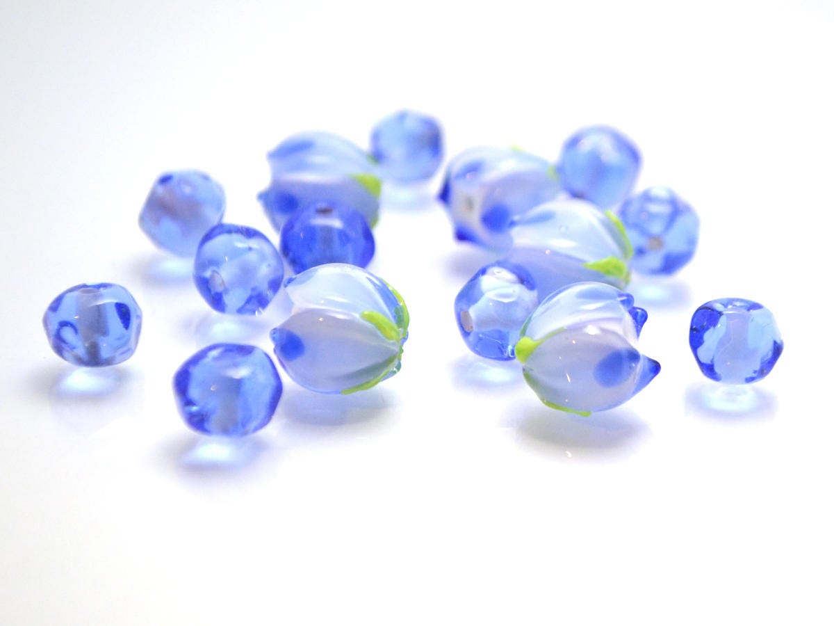 blue flower lampwork bead Tender floral glass bud Spring spot bead jewelry making Artisan lampwork Blue white set Small light blue spacer