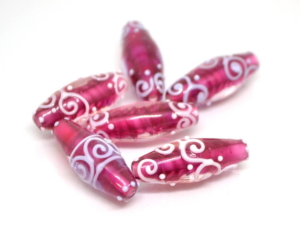 rhombus glass lampwork beads artisan lampwork set beads for jewelry oval glass beads rubina pink glass beads curls beads pink and white