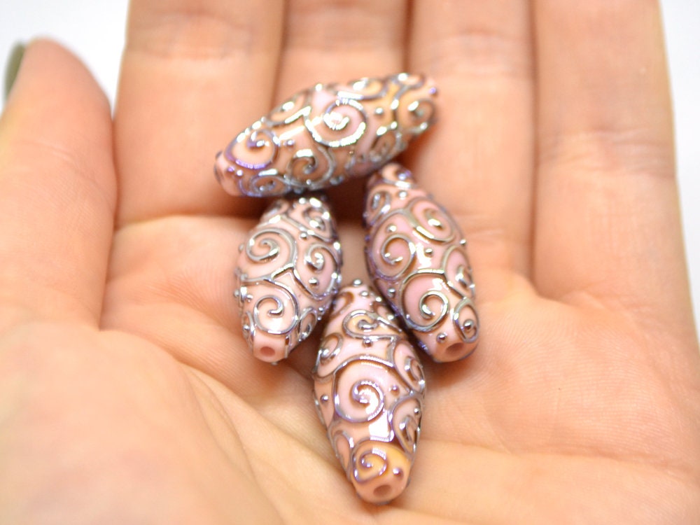 Pink silver lampwork beads, Lampwork bead set, Oval beads, Rhombus beads, Focal beads, Artisan lampwork, jewelry making, Sparkly beads