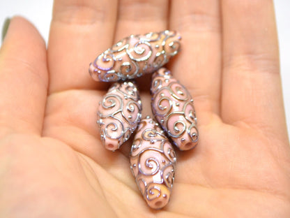 Pink silver lampwork beads, Lampwork bead set, Oval beads, Rhombus beads, Focal beads, Artisan lampwork, jewelry making, Sparkly beads