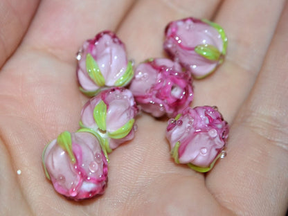 Bright Pink rosebud beads, Ombre glass beads, Gradient floral lampwork, Pink glass beads, Handmade glass beads, Lampwork one bead