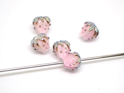 Pale pink floral beads with gold leaves, Tiny glass beads, Light pink 7mm flower beads, Artisan lampwork