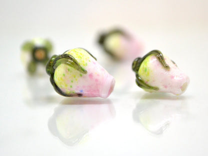 Pink white twist rosebud beads, Spring flower Glass Beads, Floral lampwork bead, Pink green flower buds, Artisan lampwork beads, OliVerStar