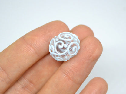 Clear hollow glass beads with blue curls, Artisan lampwork beads, Winter glass beads, Snow design beads, Snow jewelry making