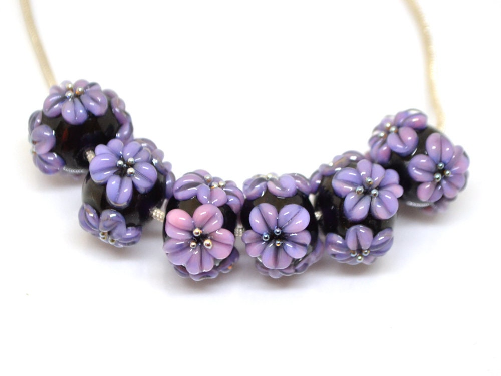 flower lampwork bead black glass beads bracelet artisan lampwork handmade glass bead black purple flower lavender flower earrings necklace
