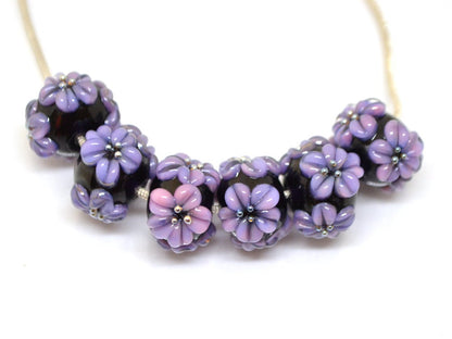 flower lampwork bead black glass beads bracelet artisan lampwork handmade glass bead black purple flower lavender flower earrings necklace