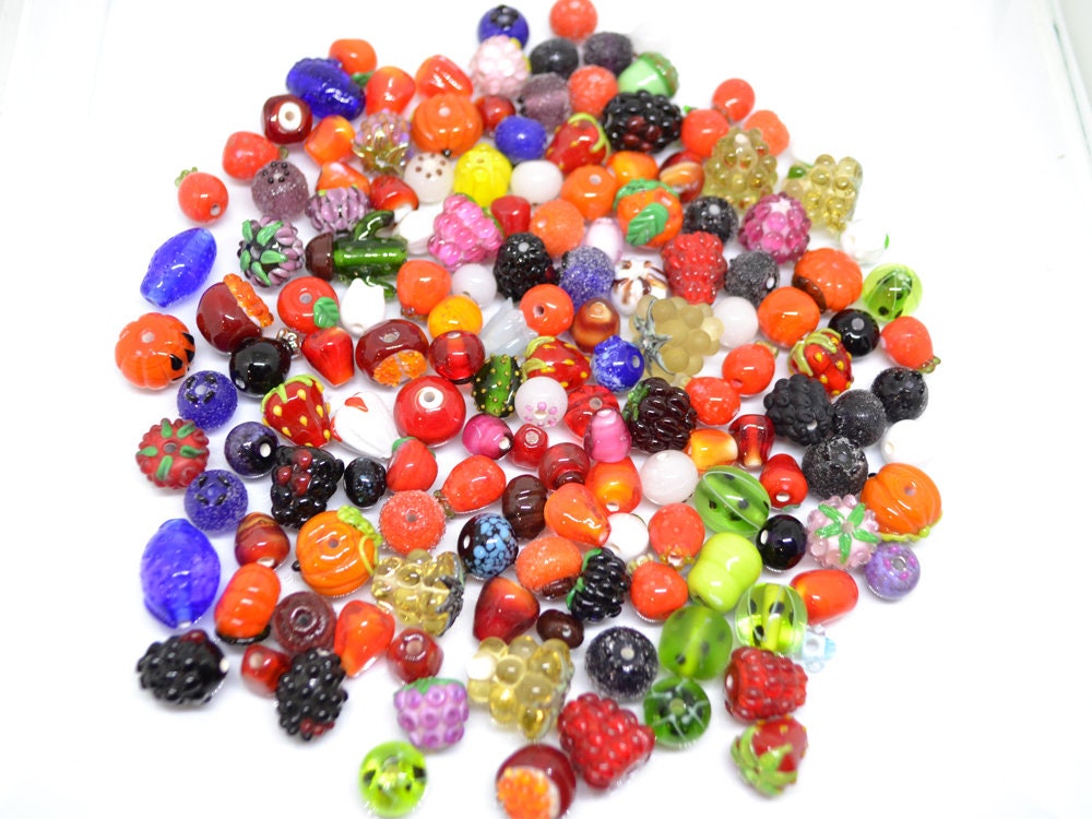 Lampwork Berry beads set 150pcs, Mix glass berries, Handmade berry beads, Oranges, Raspberry, Pomegranate, Apple, Dog-rose, Strawberry