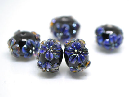 Dark lavender flower beads, Rondelle flower beads, Black blue glass beads, Spacer flower beads, Rondelle lampwork, Rondelle spacer bead