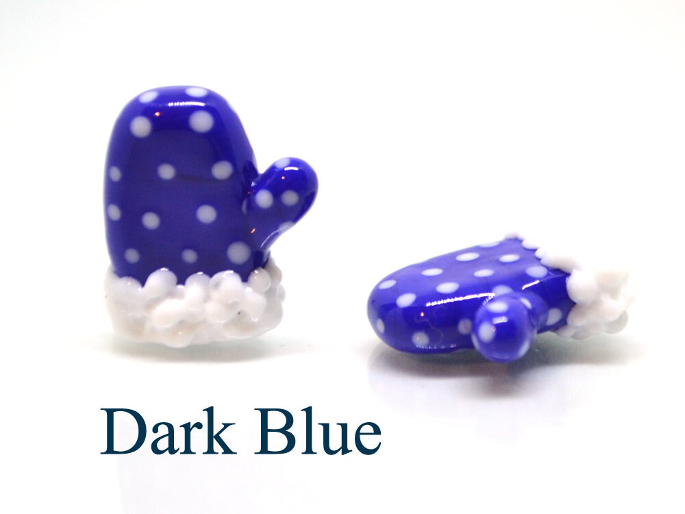 Blue glass mitten bead, Lampwork mitten bead, Vertically Drilled Blue with White Polka Dots, Christmas lampwork